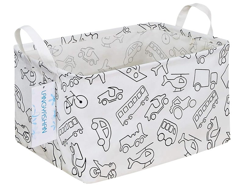 LANGYASHAN Rectangular Storage Bin Collapse Canvas Fabric Cartoon Storage Basket with Handles for Organizing Home Kitchen Boys and Girls Toys Office Closet Shelf Baskets (Rec Vehicle) - Image 1